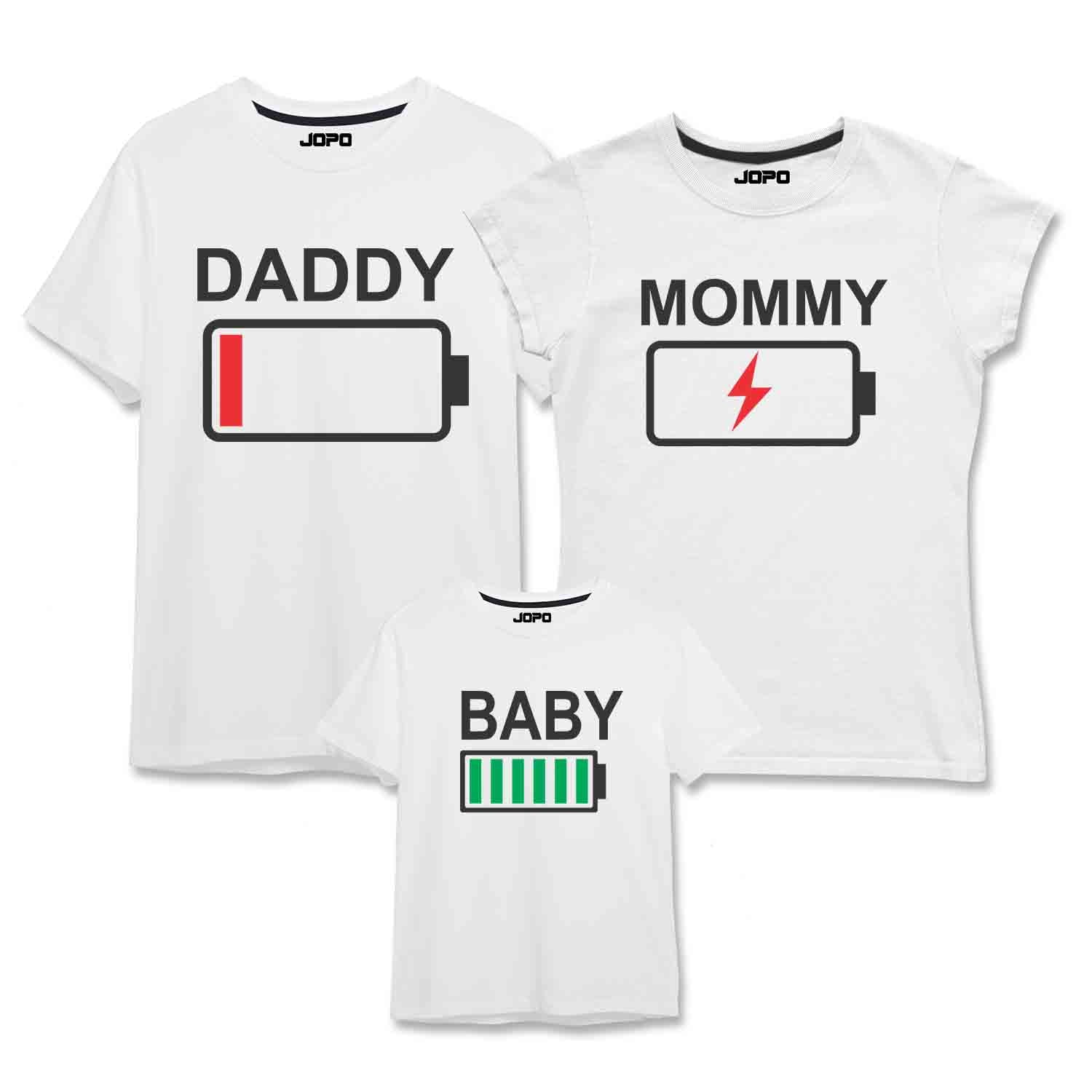 Full Charged Battery Matching Family T-Shirts Set of 3 Mom, Dad, Daughter