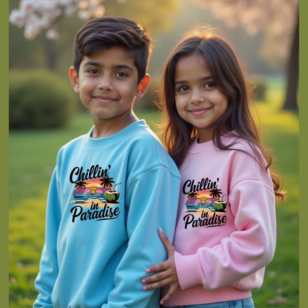 Rakhi Gift 2025 Chillin' in Paradise –  Blue Pink Matching Sibling Sweatshirt