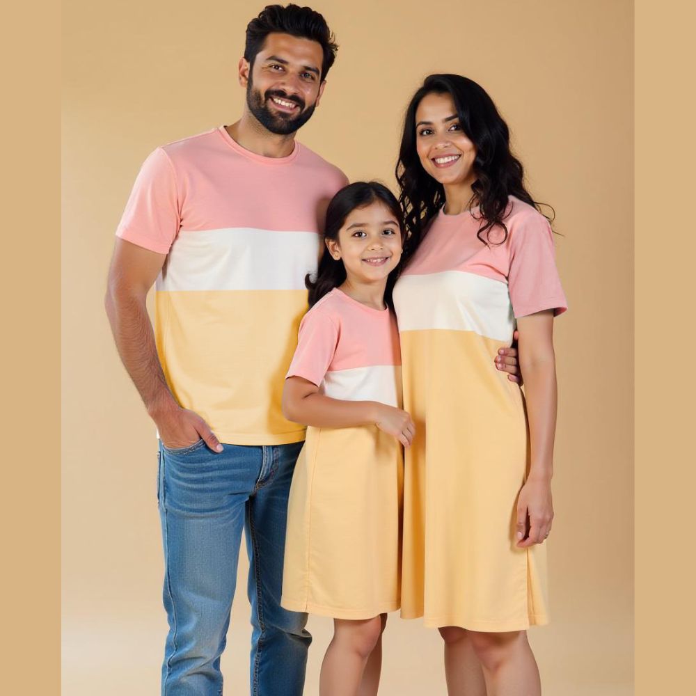 Pastel Peach-White-Beige Color Block Family Matching Combo Set