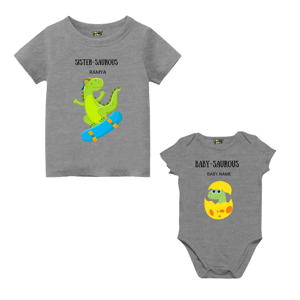 Dino Themed T- Shirt for Big Sister &  Baby (New Born) Romper