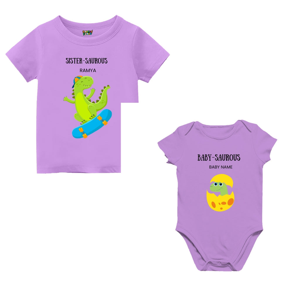 Dino Themed T- Shirt for Big Sister &  Baby (New Born) Romper