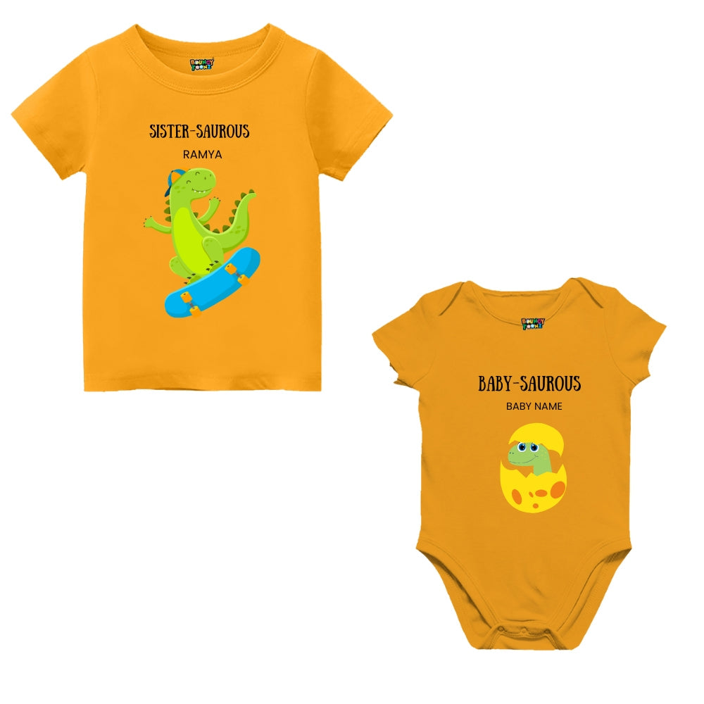 Dino Themed T- Shirt for Big Sister &  Baby (New Born) Romper