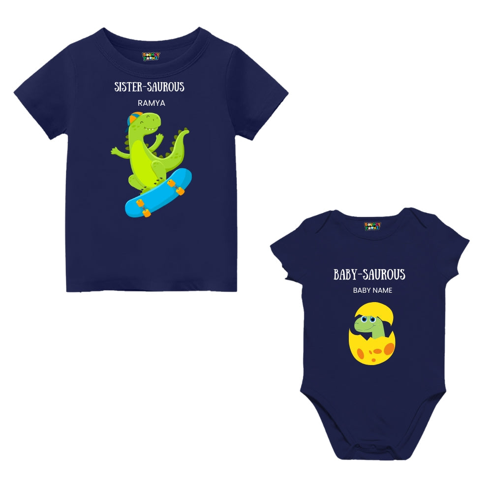 Dino Themed T- Shirt for Big Sister &  Baby (New Born) Romper