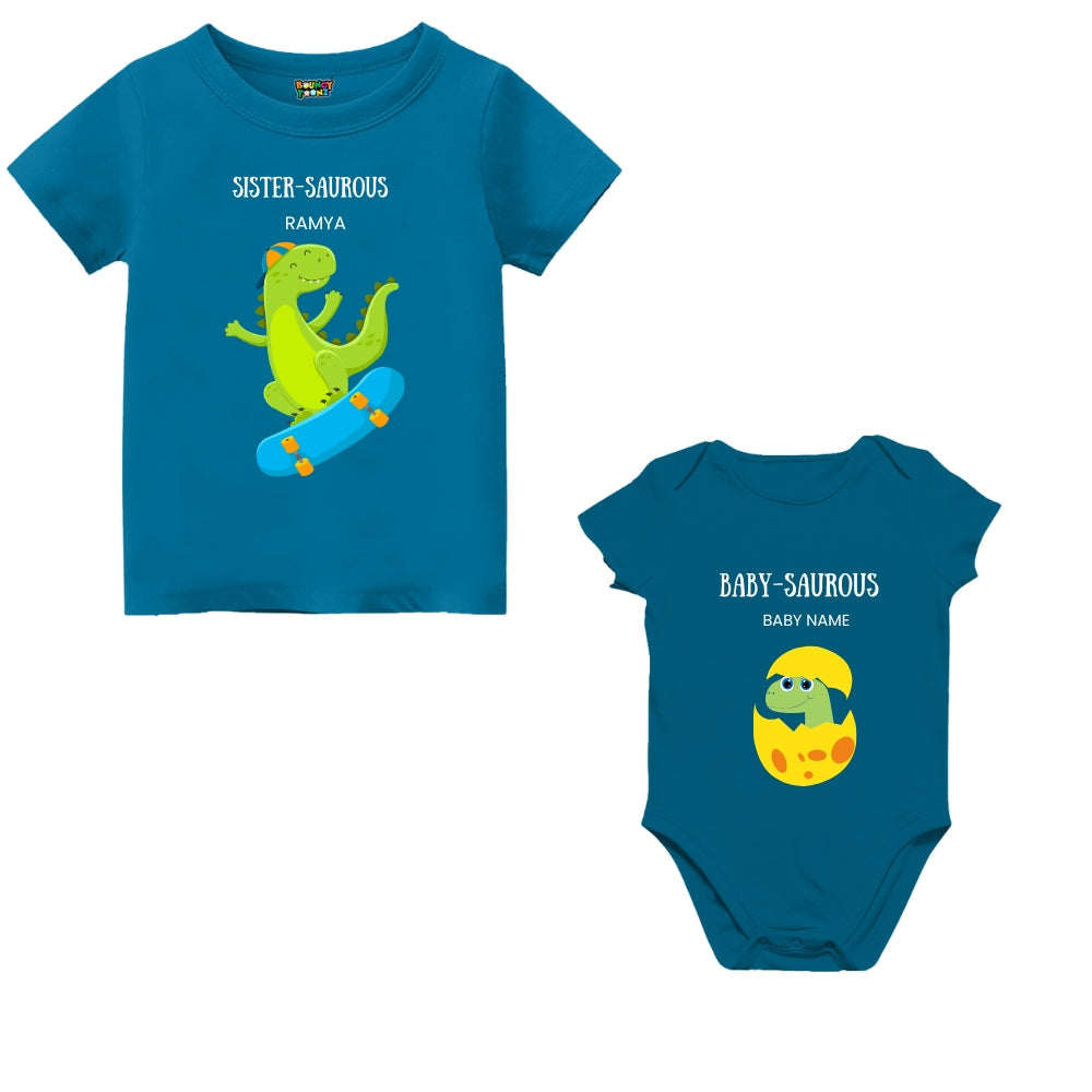 Dino Themed T- Shirt for Big Sister &  Baby (New Born) Romper