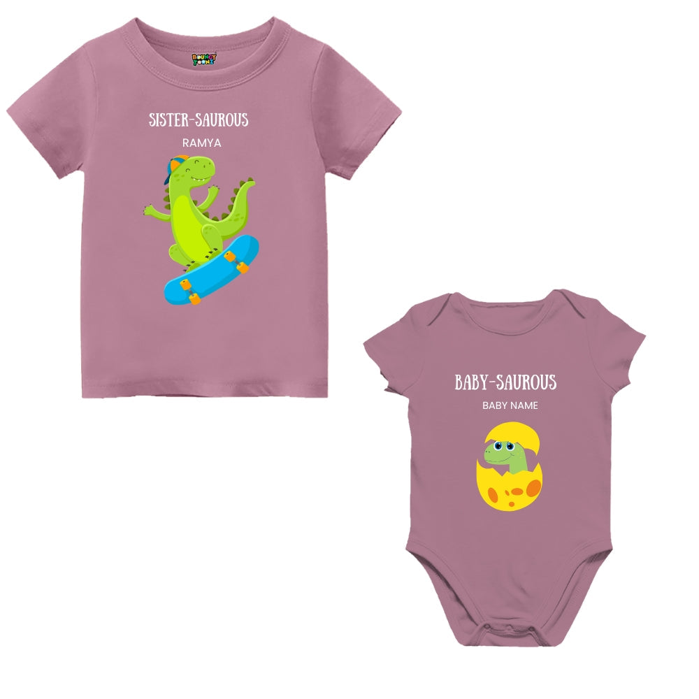 Dino Themed T- Shirt for Big Sister &  Baby (New Born) Romper