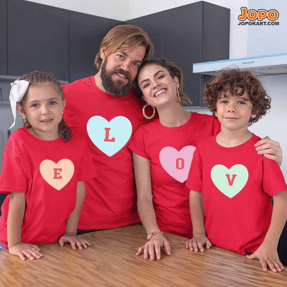LOVE Alphabet Matching Family T-Shirts Set of 4 for Mom, Dad, Son & Daughter