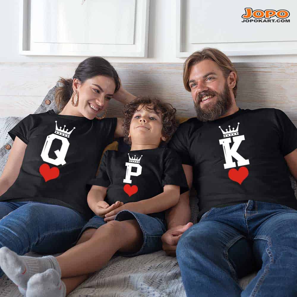 King K Queen Q Prince P Family T-Shirts Set of 3 for Mom, Dad, Son and Daughter