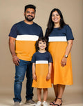 NavyBlue-White-Mustard Color Blocks Pattern Family Twinning Combo