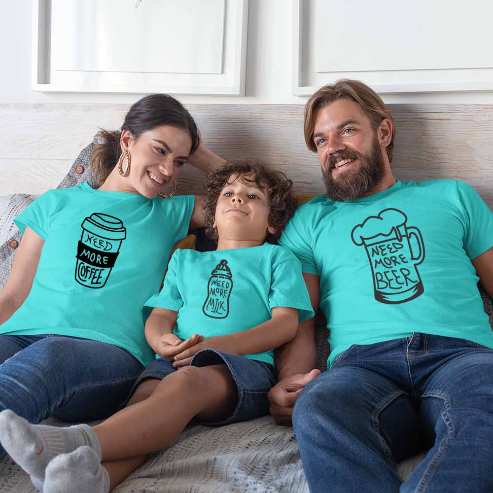 Need More Beer, Coffee Milk Family T-Shirts Set of 3 & 4 for Mom, Dad, Son & Daughter