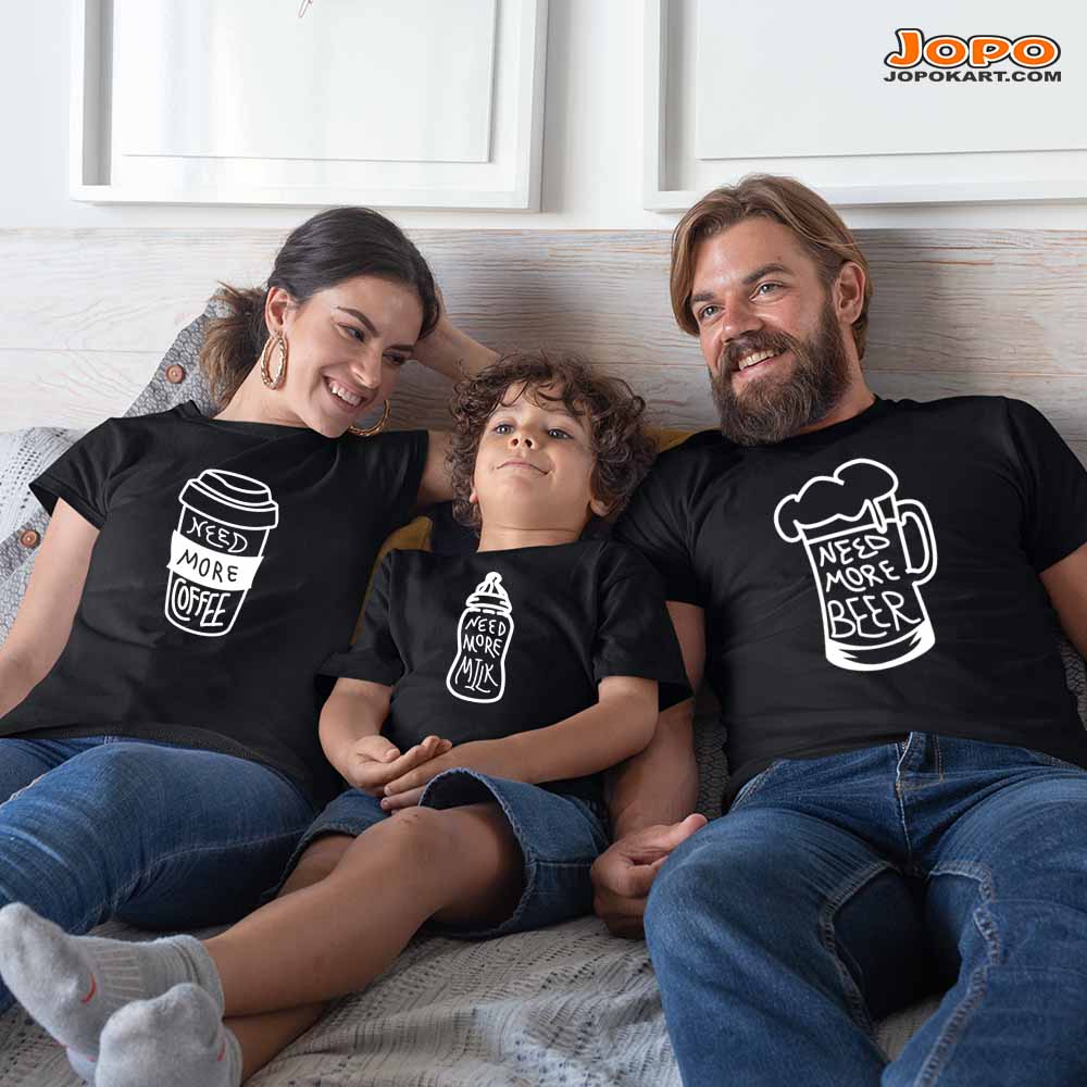 Need More Beer, Coffee Milk Family T-Shirts Set of 3 & 4 for Mom, Dad, Son & Daughter
