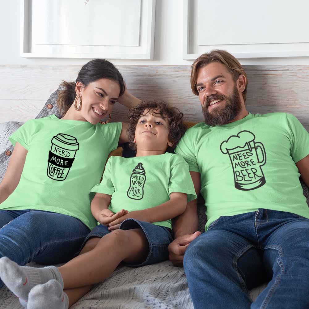 Need More Beer, Coffee Milk Family T-Shirts Set of 3 & 4 for Mom, Dad, Son & Daughter