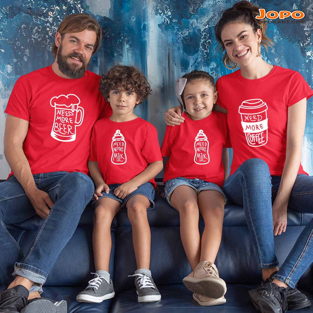 Need More Beer, Coffee Milk Family T-Shirts Set of 3 & 4 for Mom, Dad, Son & Daughter