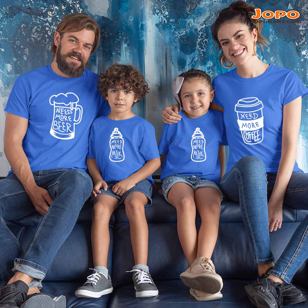 Need More Beer, Coffee Milk Family T-Shirts Set of 3 & 4 for Mom, Dad, Son & Daughter