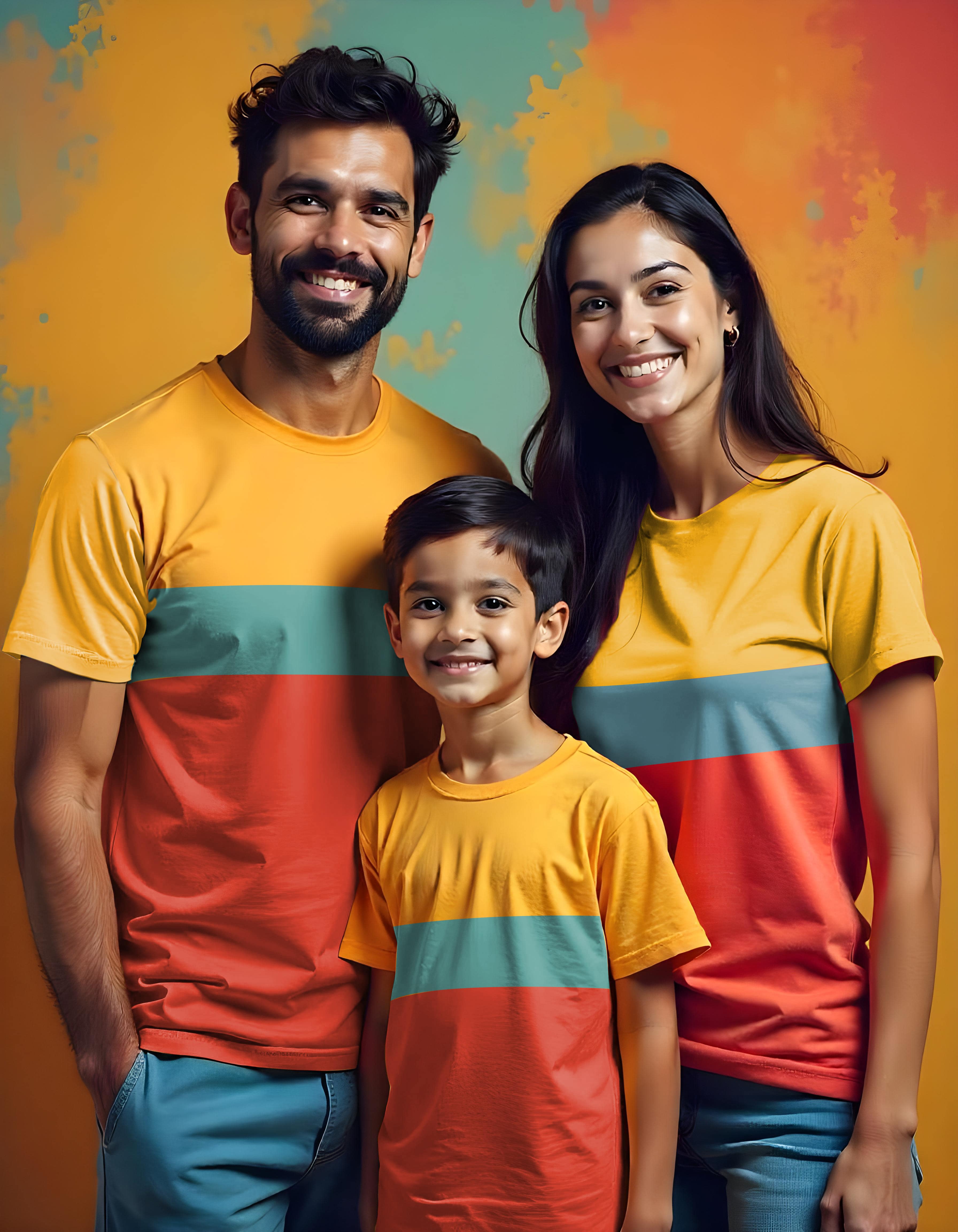 Mustard-Blue-Orange Color Block Family Matching Tshirts
