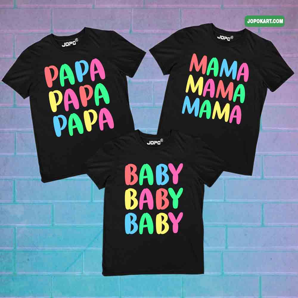 Papa Mama Baby Matching Family T-Shirts Set of 3 for Son, Dad, Mom, and Daughter