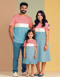 Pastel Pink-White-Pastel Blue Color Block Family Matching Combo Set