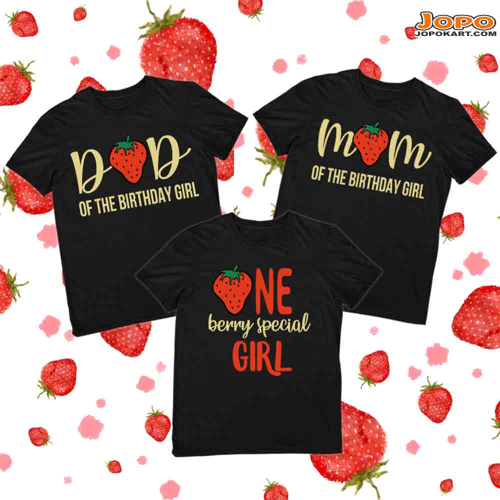 Strawberry Birthday Family T-Shirts Set of 3 for Mom, Dad, & Daughter
