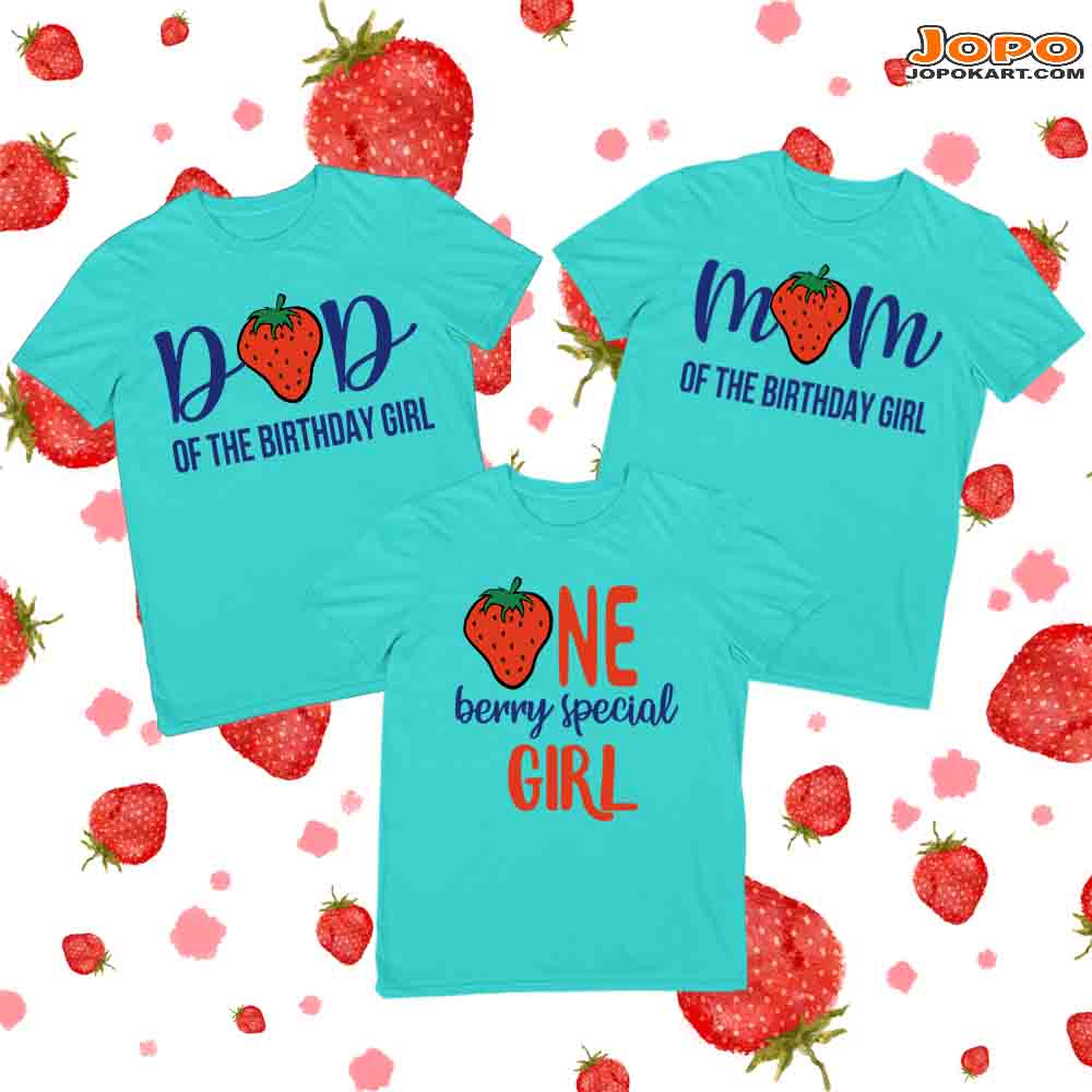 Strawberry Birthday Family T-Shirts Set of 3 for Mom, Dad, & Daughter