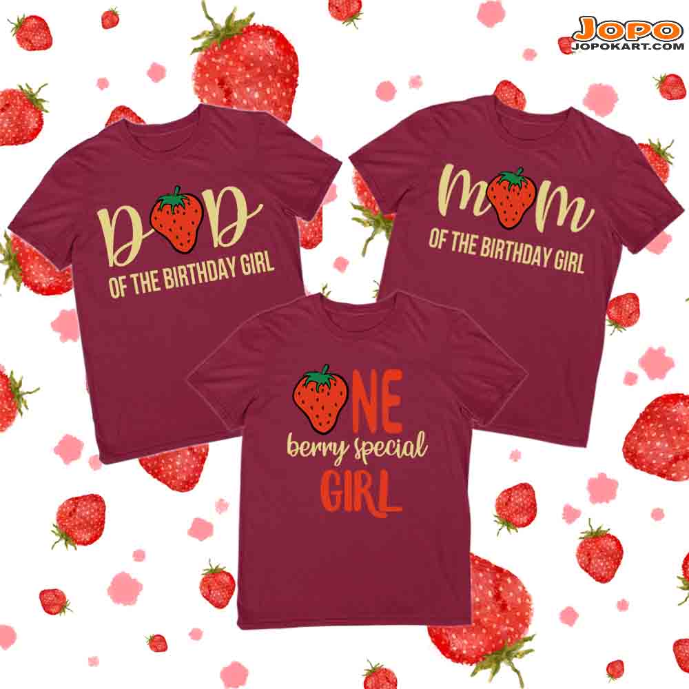 Strawberry Birthday Family T-Shirts Set of 3 for Mom, Dad, & Daughter