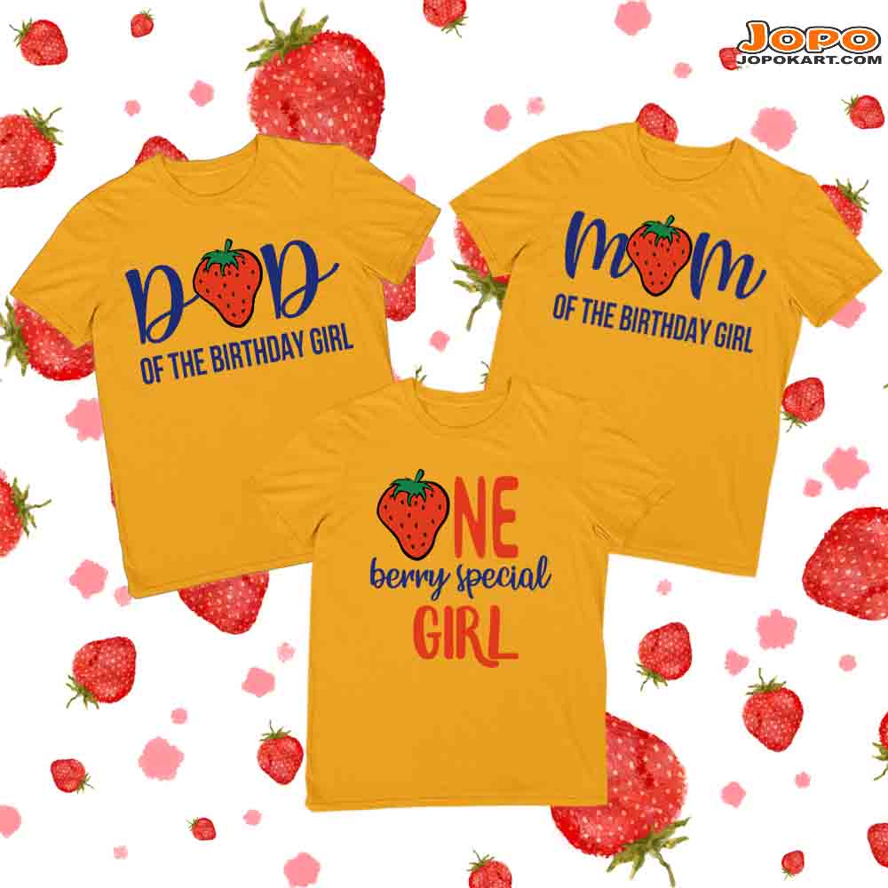 Strawberry Birthday Family T-Shirts Set of 3 for Mom, Dad, & Daughter