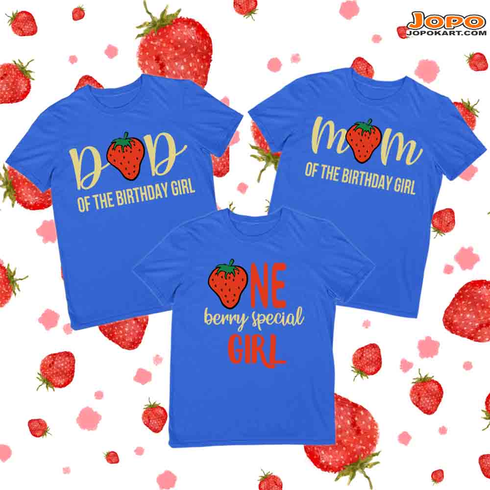 Strawberry Birthday Family T-Shirts Set of 3 for Mom, Dad, & Daughter