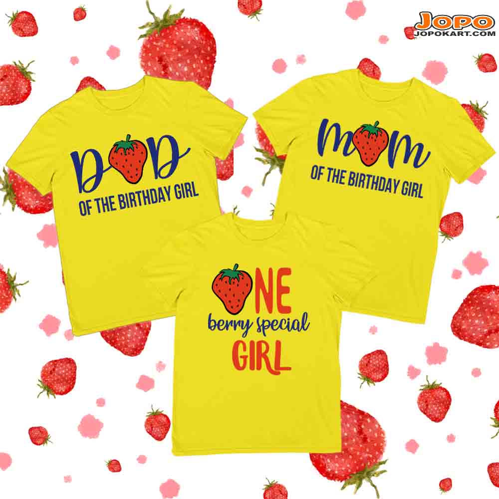 Strawberry Birthday Family T-Shirts Set of 3 for Mom, Dad, & Daughter