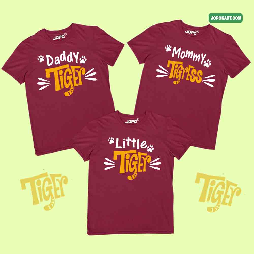 Tiger Family Matching T-Shirts Set of 3 for Son, Mom, Daughter & Dad
